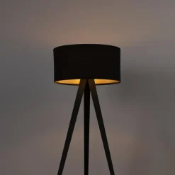 Staande Lampen-QAZQA Vloerlamp met kap zwart en gouden binnenkant - Tripe