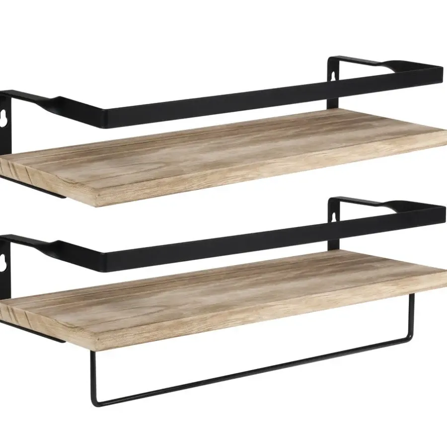 QUVIO Houten wandplank met metalen stang voor keuken