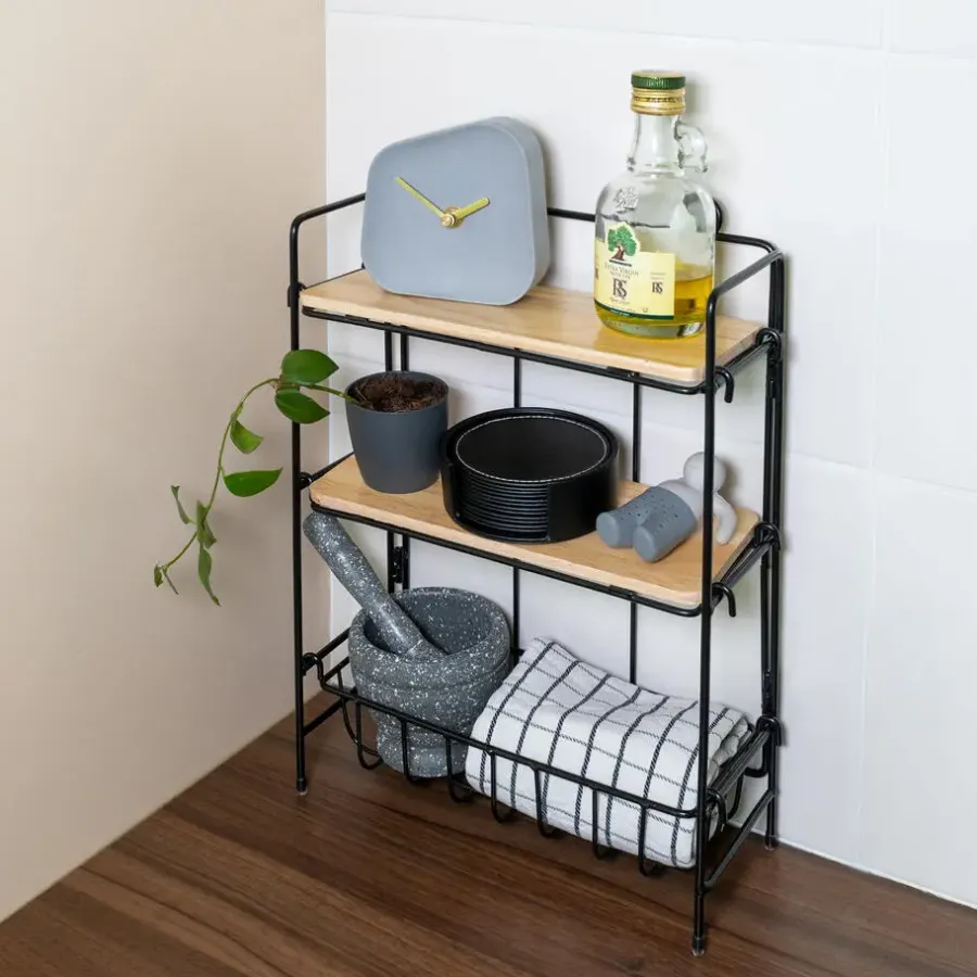 Wandrekken-QUVIO Keukenrek wand staal en hout - Zwart en bruin