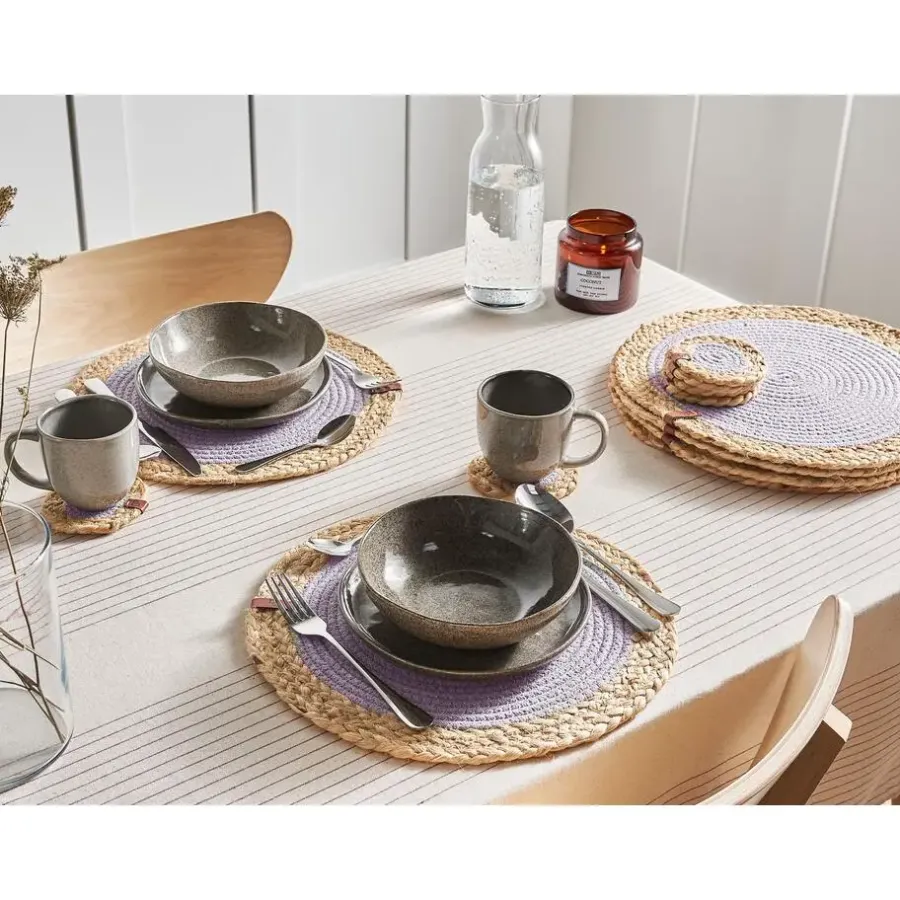 Placemats-Leen Bakker ROSELLA - Set 12 placemats en onderzetters - Grijs/Natuurlijk - Jute