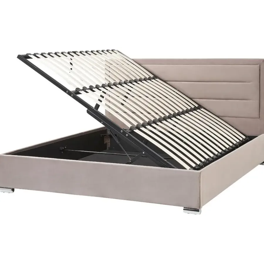 2-Persoons Bedden-Beliani ROUEN - Bed met opbergruimte - Beige - 180 x 200 cm - Fluweel