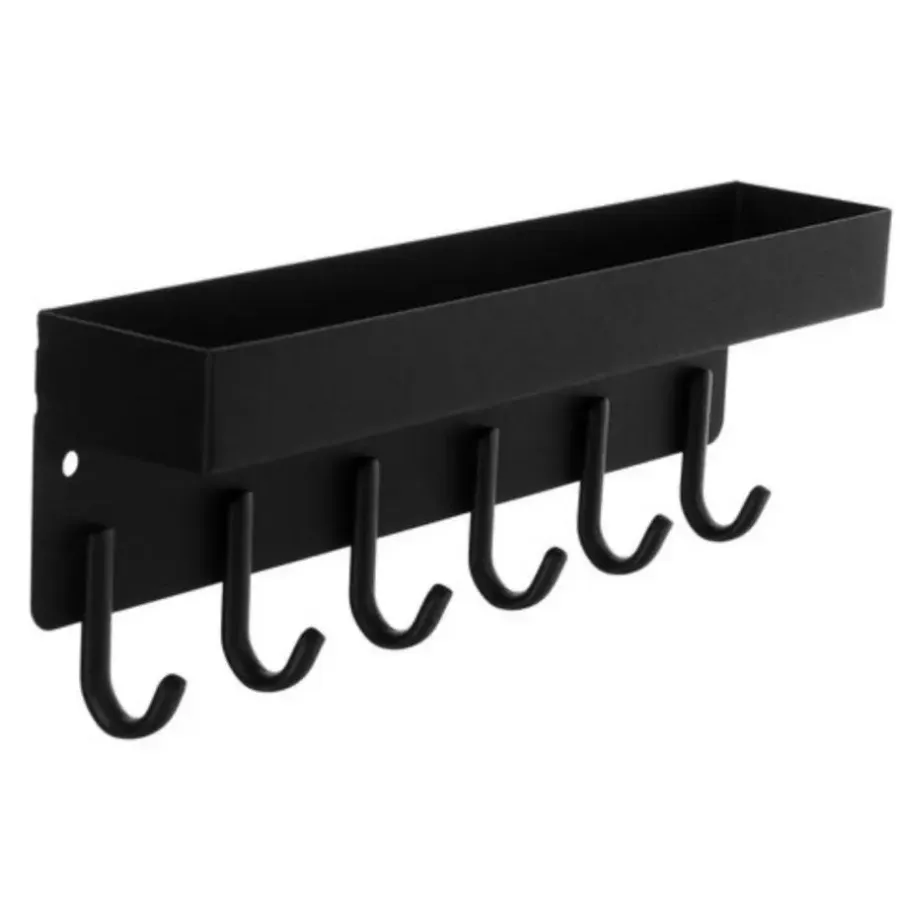 Merkloos Ruhhy Kapstok - zwart - 8 x 24 cm - ijzer - 6 haken - met plank