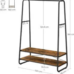 Kledingopbergers|Kledingrekken-Vasagle Rustiek bruin/zwart stalen kledingrek met 2 planken en 6 haken