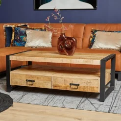 Salontafels-StarFurn Salontafel Naturel Mangohout - 120x60x45cm - 4 Lades - Boaz