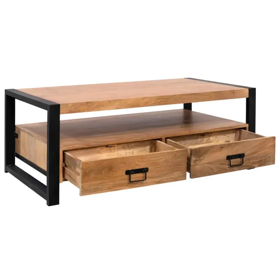Salontafels-StarFurn Salontafel Naturel Mangohout - 120x60x45cm - 4 Lades - Boaz