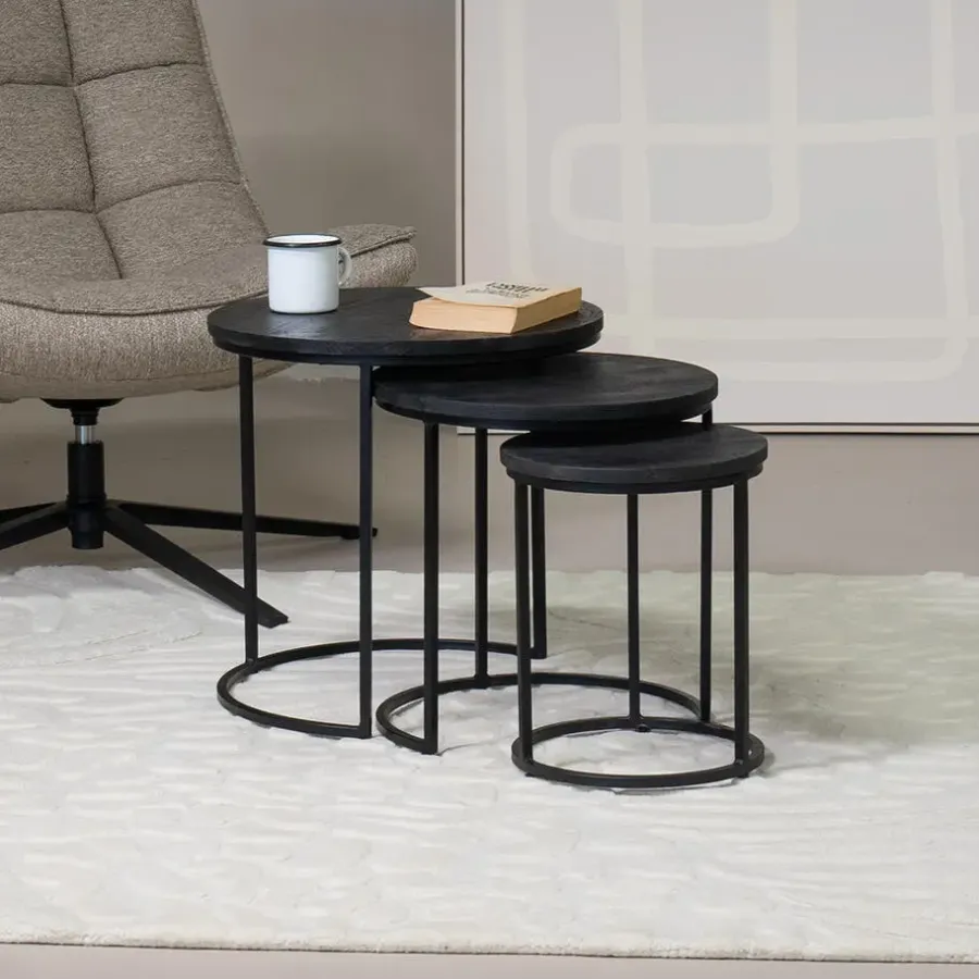 Salontafels-Giga Meubel Salontafel Organisch - Zwart Mangohout - Set Van 3 - Kila