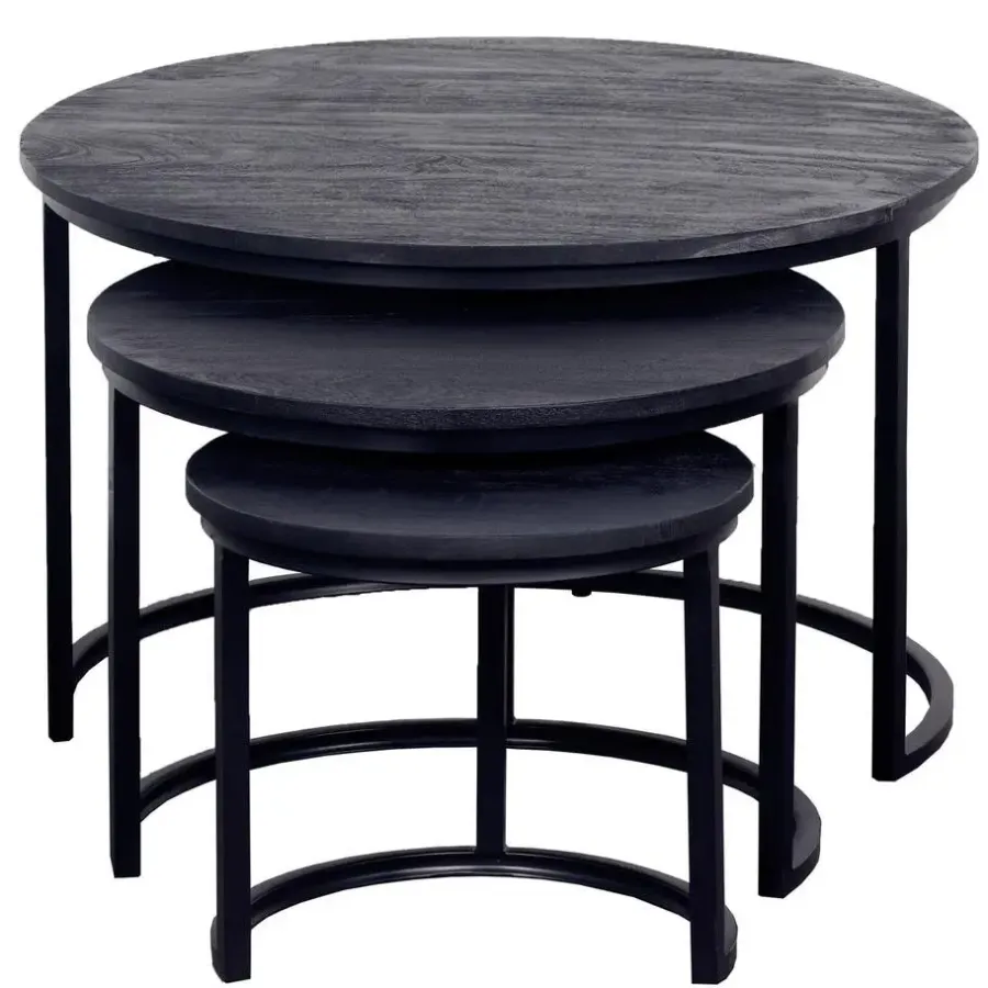 Salontafels-Giga Meubel Salontafel Rond - Mangohout Zwart - Set Van 3 - Tres