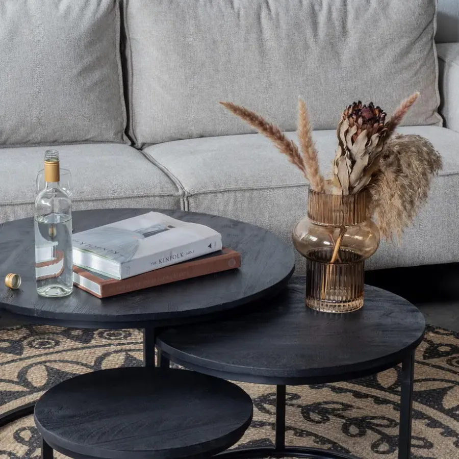 Salontafels-Giga Meubel Salontafel Rond - Mangohout Zwart - Set Van 3 - Tres