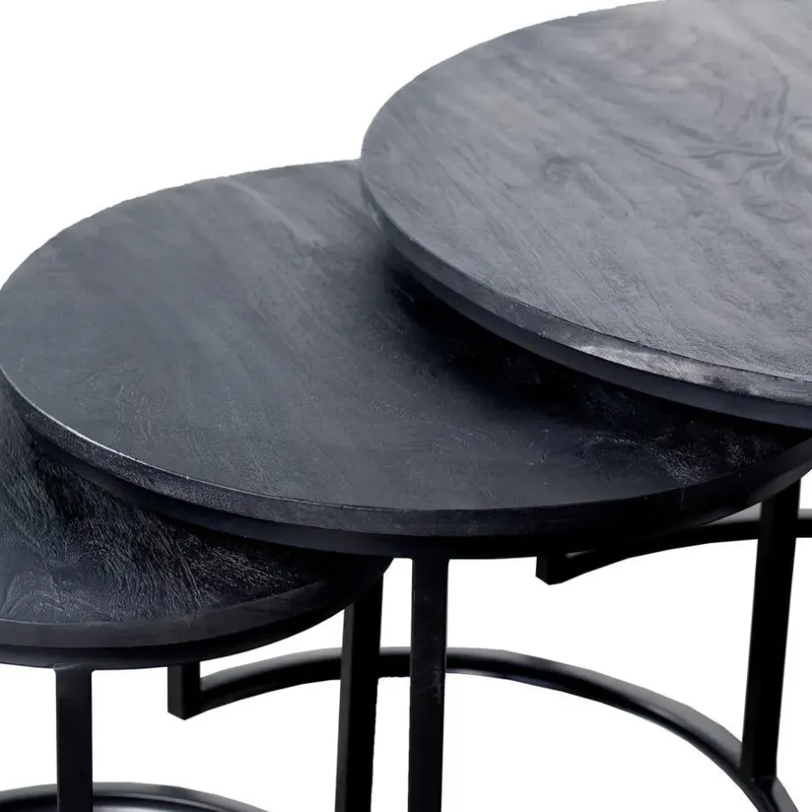 Salontafels-Giga Meubel Salontafel Rond - Mangohout Zwart - Set Van 3 - Tres