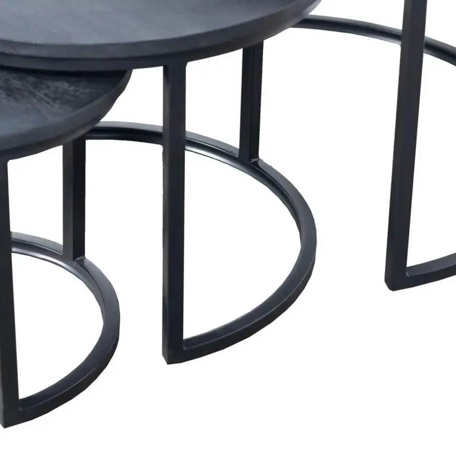 Salontafels-Giga Meubel Salontafel Rond - Mangohout Zwart - Set Van 3 - Tres