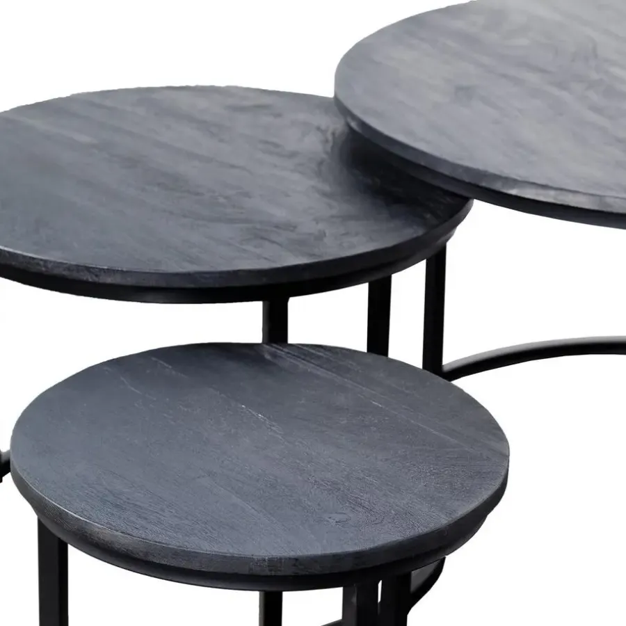 Salontafels-Giga Meubel Salontafel Rond - Mangohout Zwart - Set Van 3 - Tres