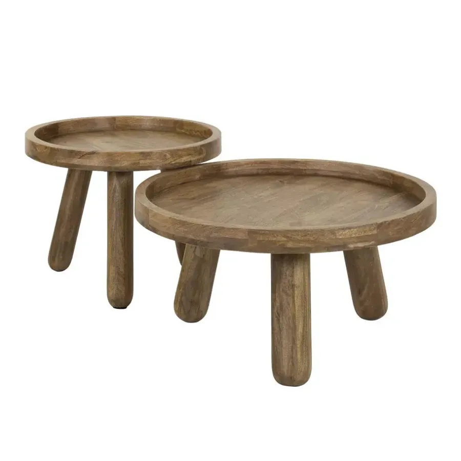 Salontafels-Giga Living Salontafel Rond - Naturel Mangohout - Set Van 2 - Tripod