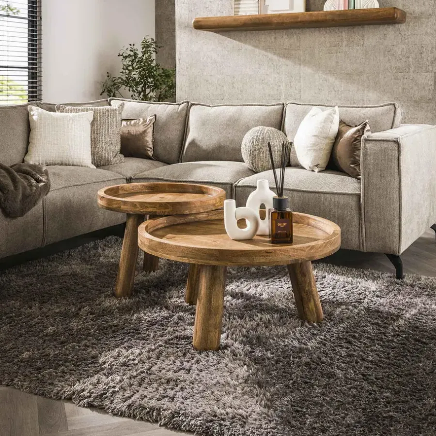 Salontafels-Giga Living Salontafel Rond - Naturel Mangohout - Set Van 2 - Tripod