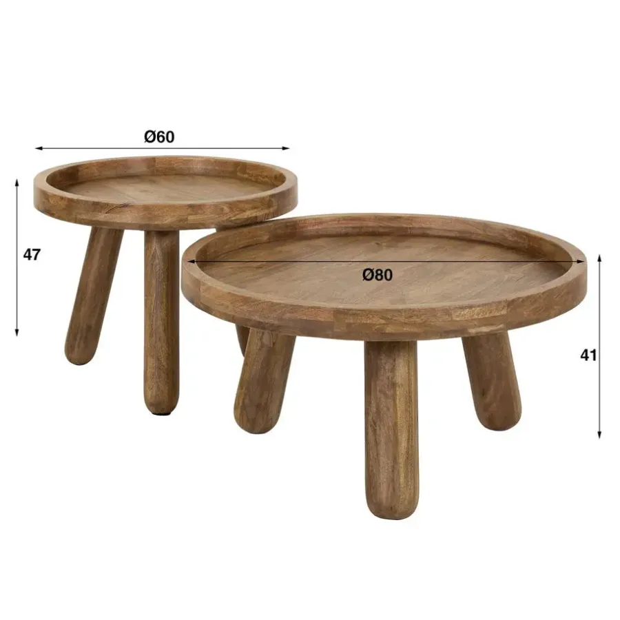 Salontafels-Giga Living Salontafel Rond - Naturel Mangohout - Set Van 2 - Tripod