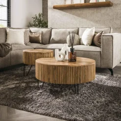 Salontafels-Giga Living Salontafel Rond 80cm - Naturel Mangohout - Set Van 2 - Wave