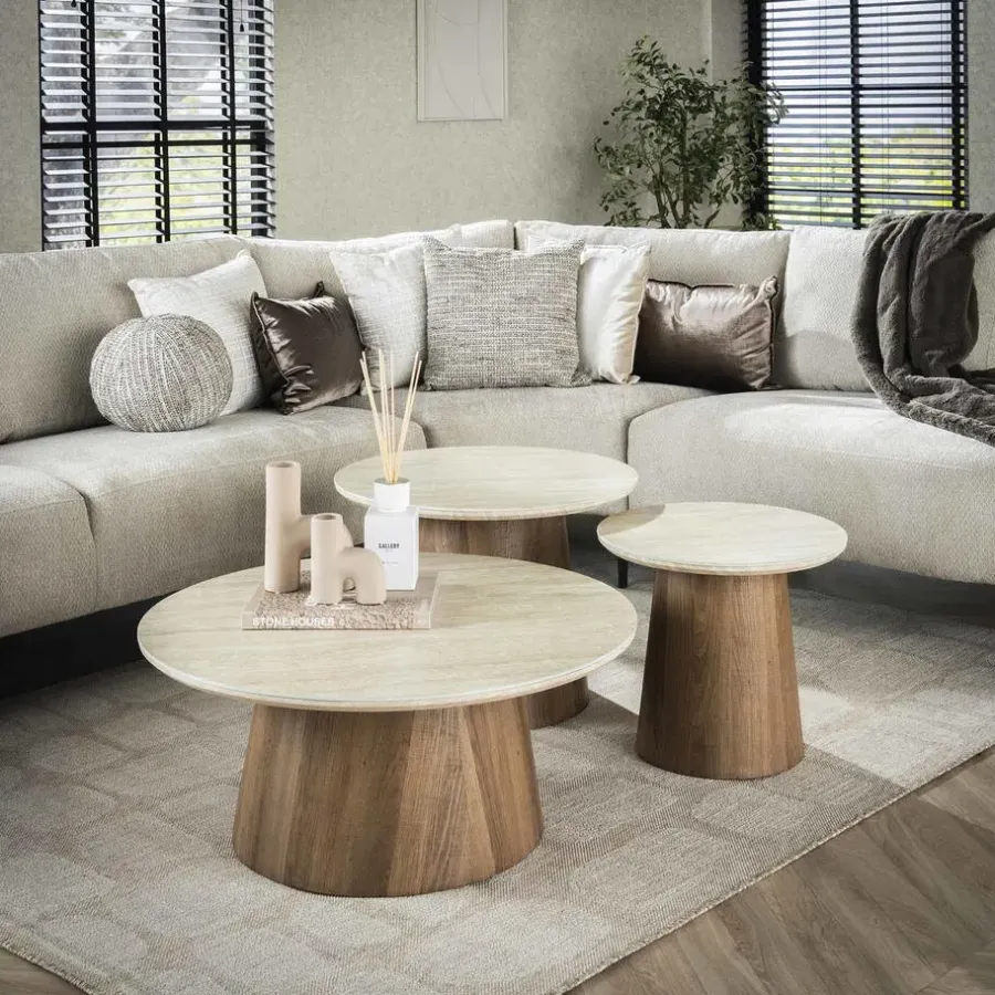 Salontafels-Giga Living Salontafel Rond Walnoot/Travertin - 80x80x35cm - Set Van 3