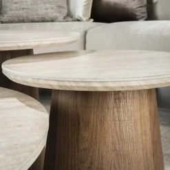 Salontafels-Giga Living Salontafel Rond Walnoot/Travertin - 80x80x35cm - Set Van 3