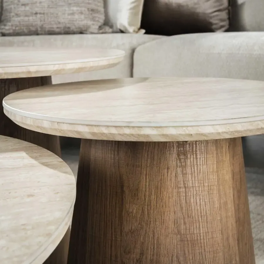 Salontafels-Giga Living Salontafel Rond Walnoot/Travertin - 80x80x35cm - Set Van 3