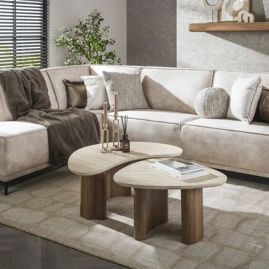 Giga Living Salontafel Set van 2 - Organisch Travertin - Beige/Hout - Organic