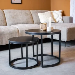 Dimehouse Salontafel set van 2 Paige marmer zwart rond - 53x53x47 cm - Stoneware - Zwart