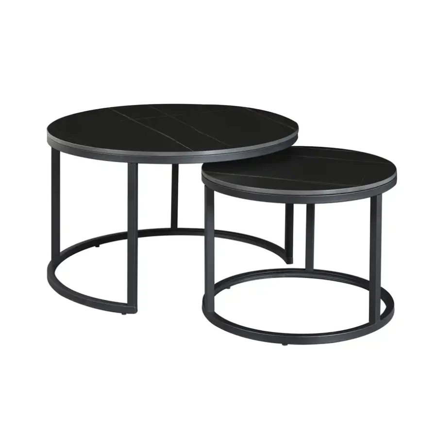 Salontafels-Dimehouse Salontafel set van 2 Trevor marmer zwart rond - 68x68x43 cm - Stoneware - Zwart