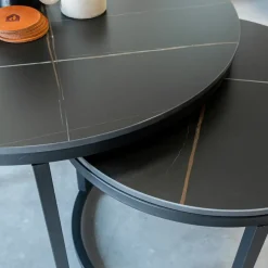 Salontafels-Dimehouse Salontafel set van 2 Trevor marmer zwart rond - 68x68x43 cm - Stoneware - Zwart