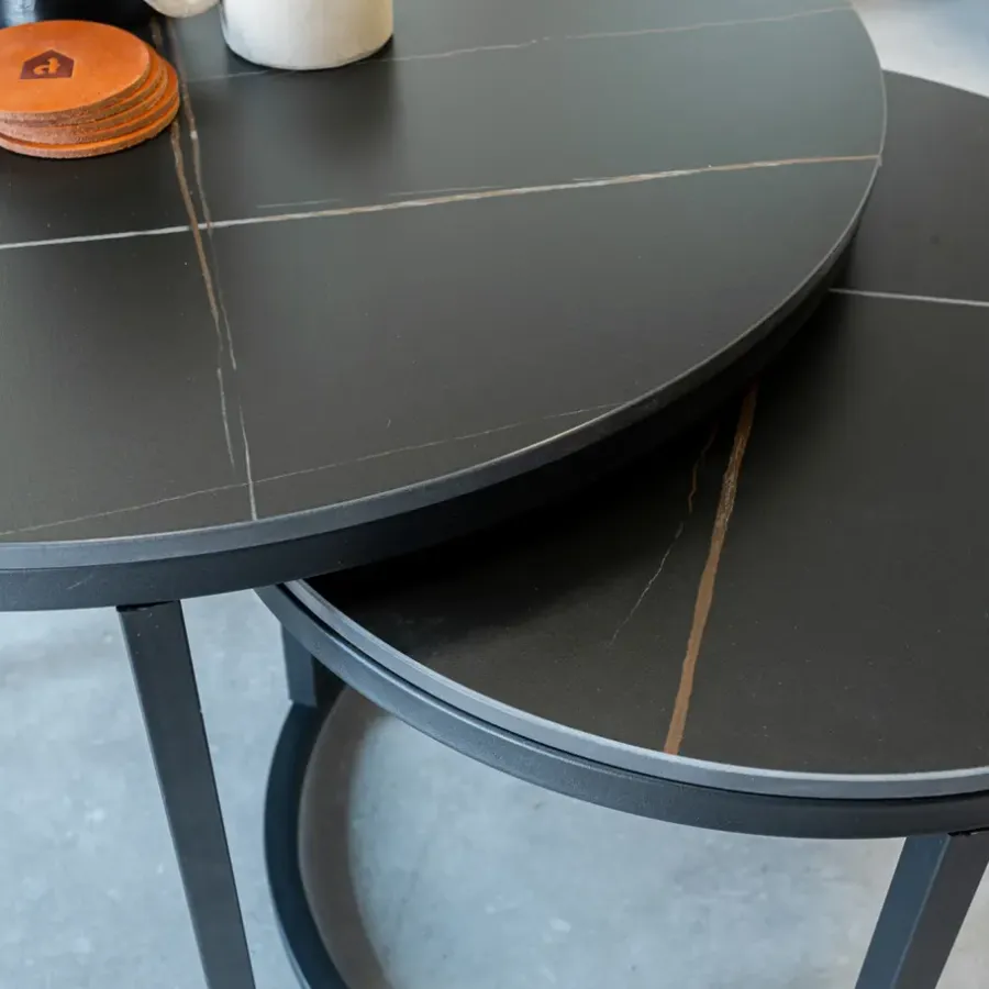Salontafels-Dimehouse Salontafel set van 2 Trevor marmer zwart rond - 68x68x43 cm - Stoneware - Zwart