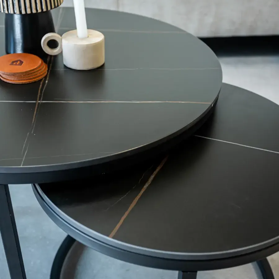 Salontafels-Dimehouse Salontafel set van 2 Trevor marmer zwart rond - 68x68x43 cm - Stoneware - Zwart