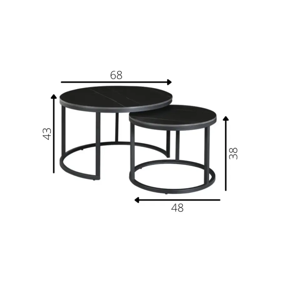 Salontafels-Dimehouse Salontafel set van 2 Trevor marmer zwart rond - 68x68x43 cm - Stoneware - Zwart