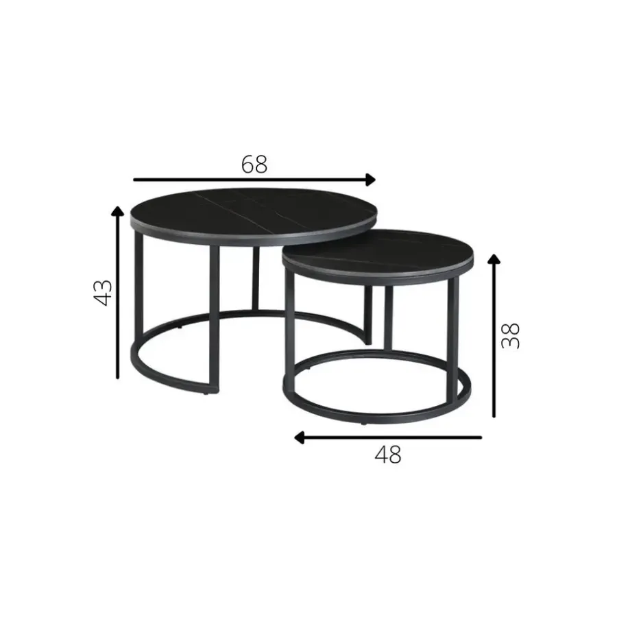 Salontafels-Dimehouse Salontafel set van 2 Trevor marmer zwart rond - 68x68x43 cm - Stoneware - Zwart