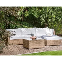 Loungesets-Beliani SANO II - Loungeset - Natuurlijk/Wit - Linkszijdig - Kunstrotan
