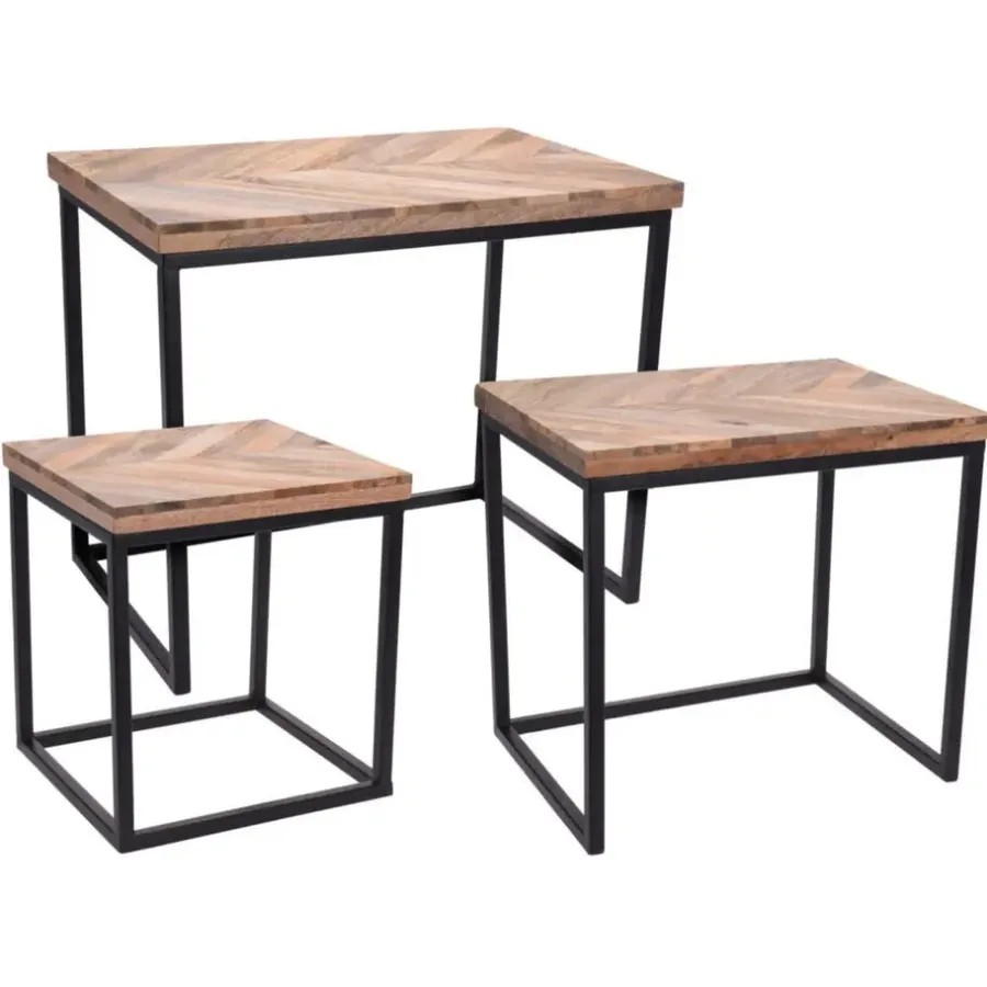 Bijzettafels-Season Deco Bijzettafels - 3-delig - hout - metaal - zwart