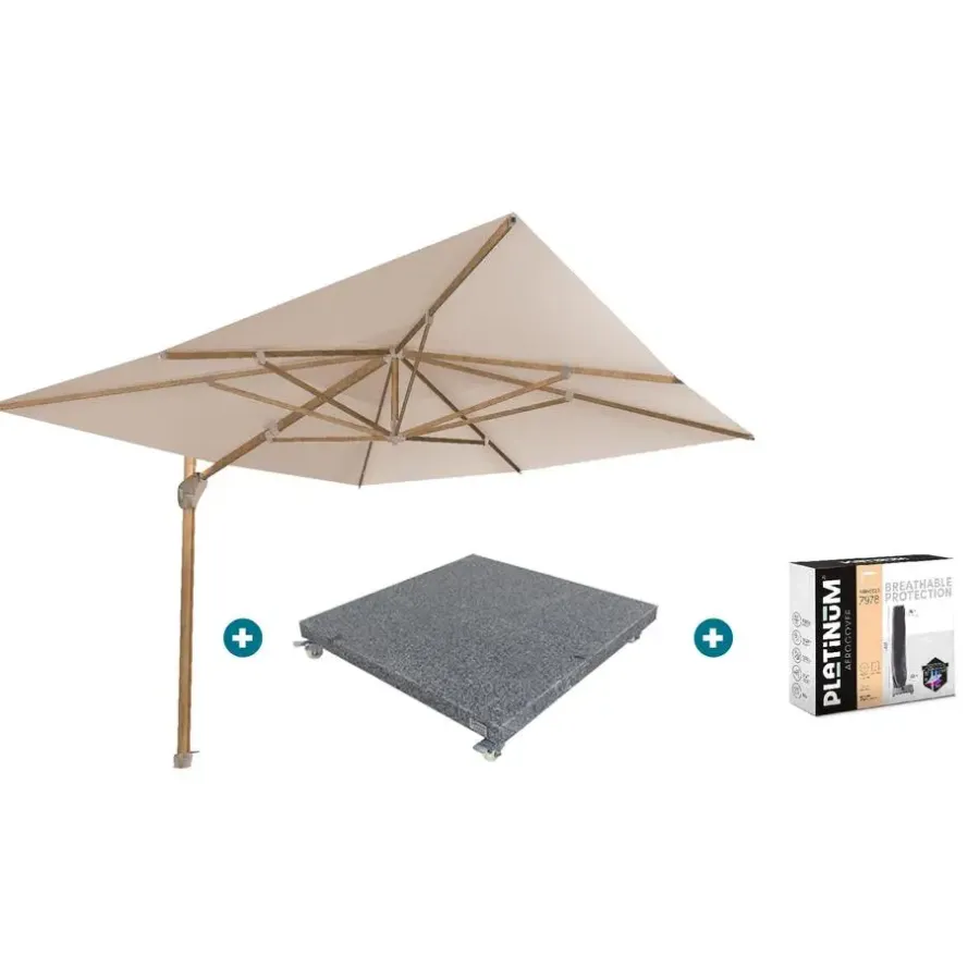 Parasols-4-Seasons Outdoor 4-Seasons zweefparasol Hacienda 300 x 400 - Woodlook/Sand met voet en hoes