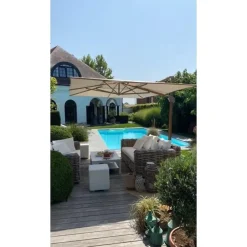 Parasols-4-Seasons Outdoor 4-Seasons zweefparasol Hacienda 300 x 400 - Woodlook/Sand met voet en hoes
