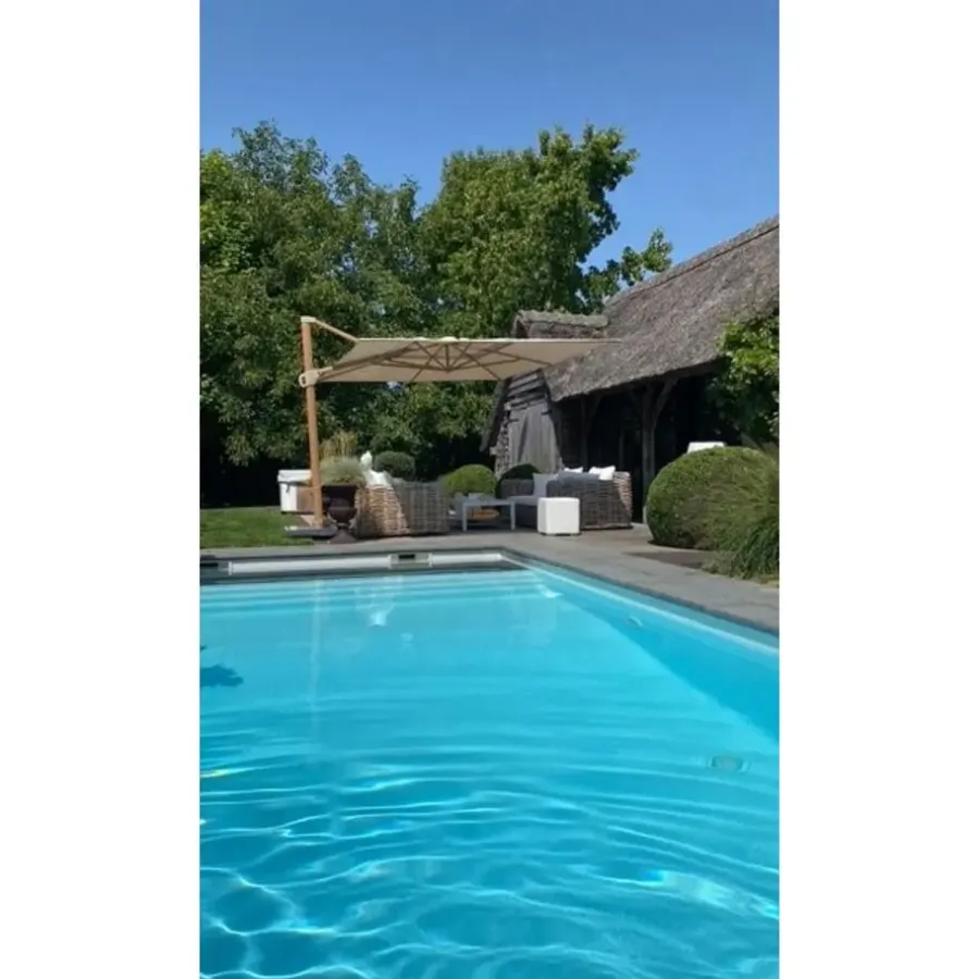 Parasols-4-Seasons Outdoor 4-Seasons zweefparasol Hacienda 300 x 400 - Woodlook/Sand met voet en hoes