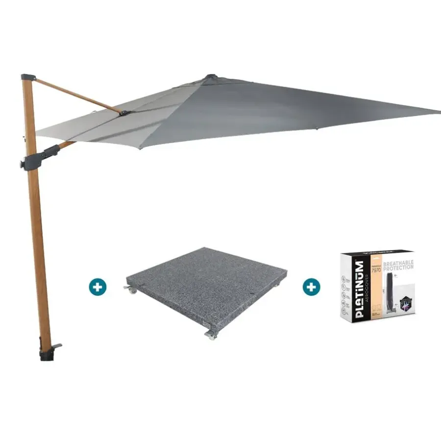 Parasols-4-Seasons Outdoor 4-Seasons zweefparasol Siesta Premium 3x3 m. - woodlook/charcoal + voet en hoes