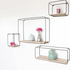Wandrekken-IVOL Set van 4 rechthoekige metalen wandrekjes met houten plankje - Zwart