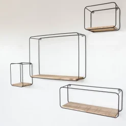 Wandrekken-IVOL Set van 4 rechthoekige metalen wandrekjes met houten plankje - Zwart