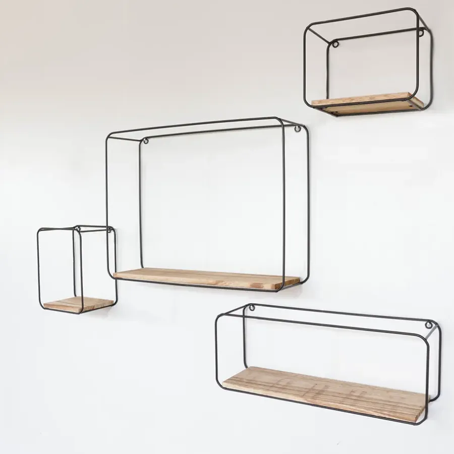 Wandrekken-IVOL Set van 4 rechthoekige metalen wandrekjes met houten plankje - Zwart