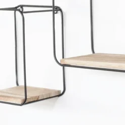 Wandrekken-IVOL Set van 4 rechthoekige metalen wandrekjes met houten plankje - Zwart