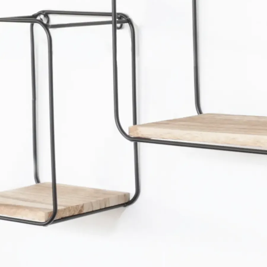 Wandrekken-IVOL Set van 4 rechthoekige metalen wandrekjes met houten plankje - Zwart