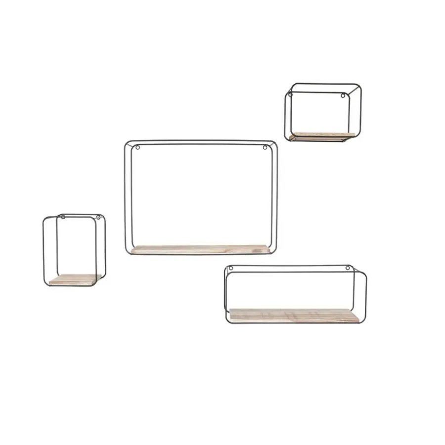 Wandrekken-IVOL Set van 4 rechthoekige metalen wandrekjes met houten plankje - Zwart