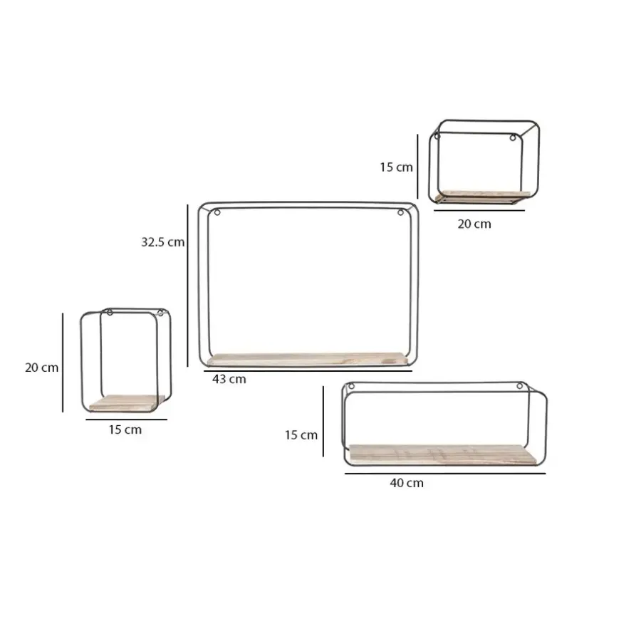 Wandrekken-IVOL Set van 4 rechthoekige metalen wandrekjes met houten plankje - Zwart