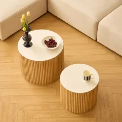 Salontafels-Nordlys Set van 2 ronde salontafels van massief hout met opbergruimte