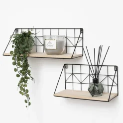 Wandrekken-IVOL Set van 2 zwarte metalen wandrekjes met houten plankje - 30 en 45 cm