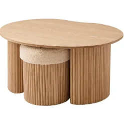 Nordlys Set van een houten salontafel en 2 witte poefs