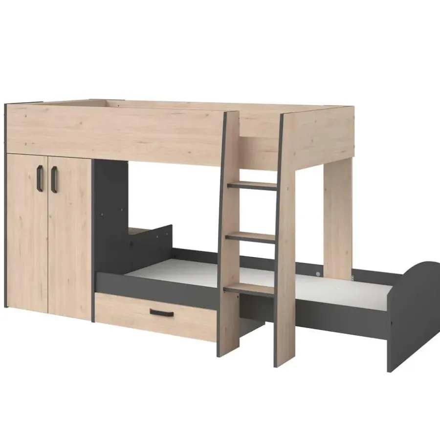Kinderbedden-Parisot Stapelbed Stim met kast & lade - eik/grijs