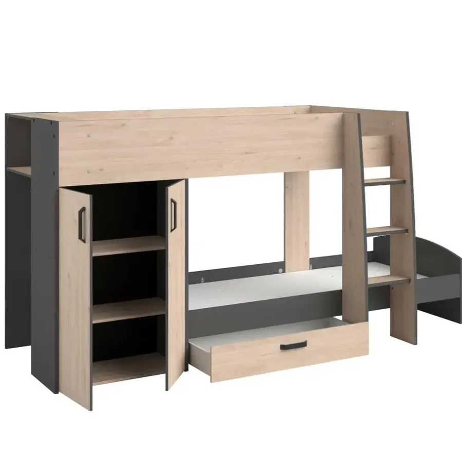 Kinderbedden-Parisot Stapelbed Stim met kast & lade - eik/grijs