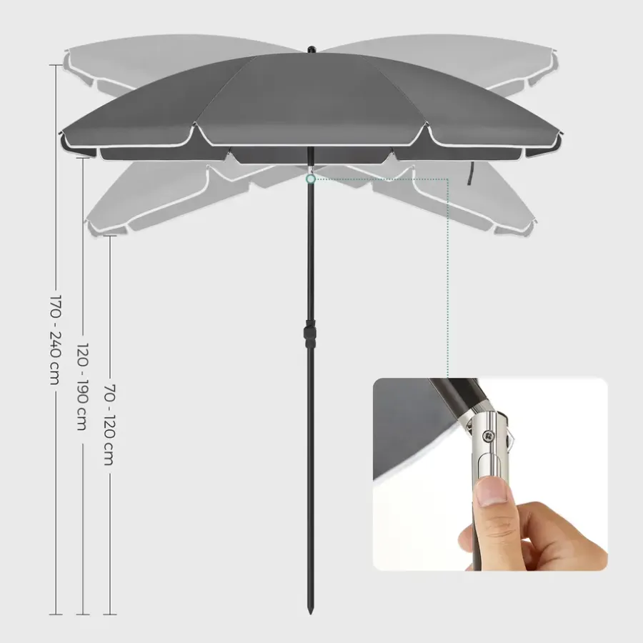 ACAZA Stokparasol - Strandparasol - Ø 200 cm - Kantelbaar - met Draagtas - Grijs