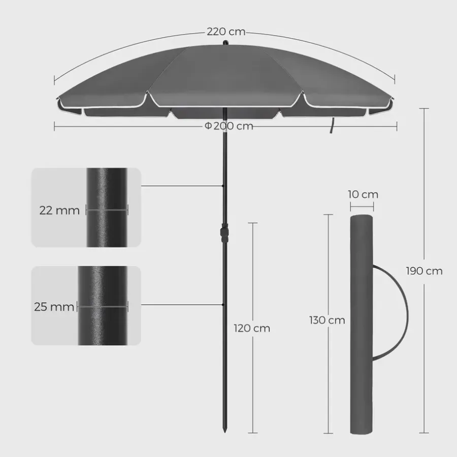 ACAZA Stokparasol - Strandparasol - Ø 200 cm - Kantelbaar - met Draagtas - Grijs